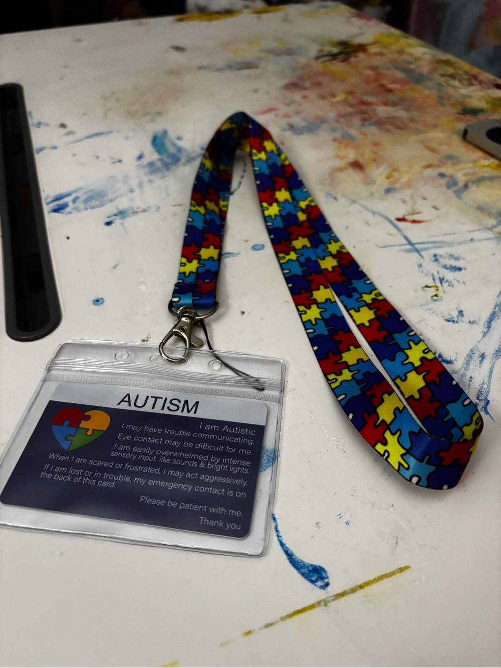 Autism Puzzle Pattern Lanyard with ID Holder - Red/Blue/Yellow/Green
